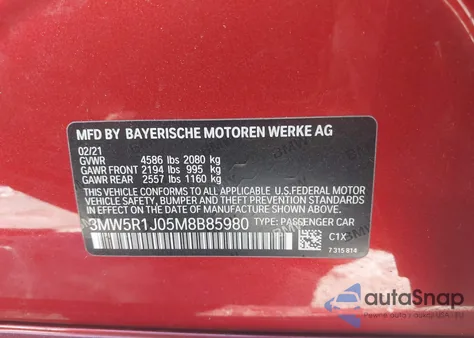 2021 BMW 330I z USA, uszkodzony, nr VIN 3MW5R1J05M8B85980